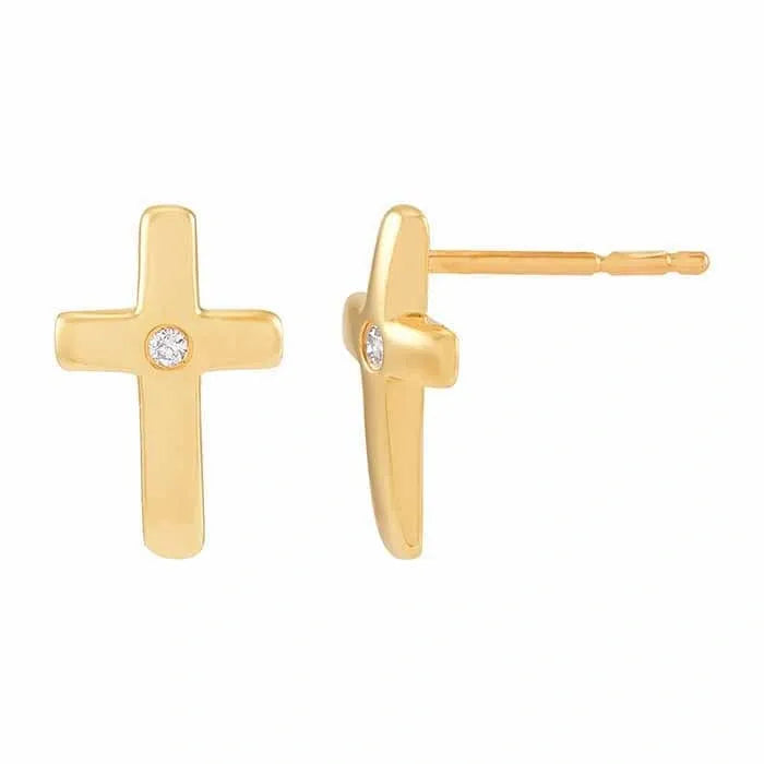 Yellow Gold / Center Diamond Cross Earrings