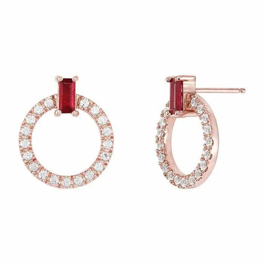 Rose Gold / Ruby / White Sapphire Circle Earrings